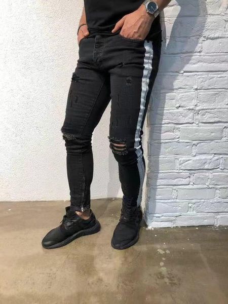 fashion high street knee holes white striped designer black jeans slim fit ripped jeans mens clothing, Blue
fashion high street knee holes white striped designer black jeans slim fit ripped jeans mens clothing, Blue