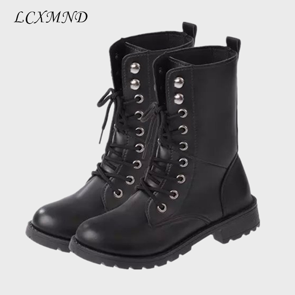 women's shoes rivet boots motorcycle boots autumn winter thick-soled mid-calf wear-resistant lace-up leather bottas, Black
women's shoes rivet boots motorcycle boots autumn winter thick-soled mid-calf wear-resistant lace-up leather bottas, Black