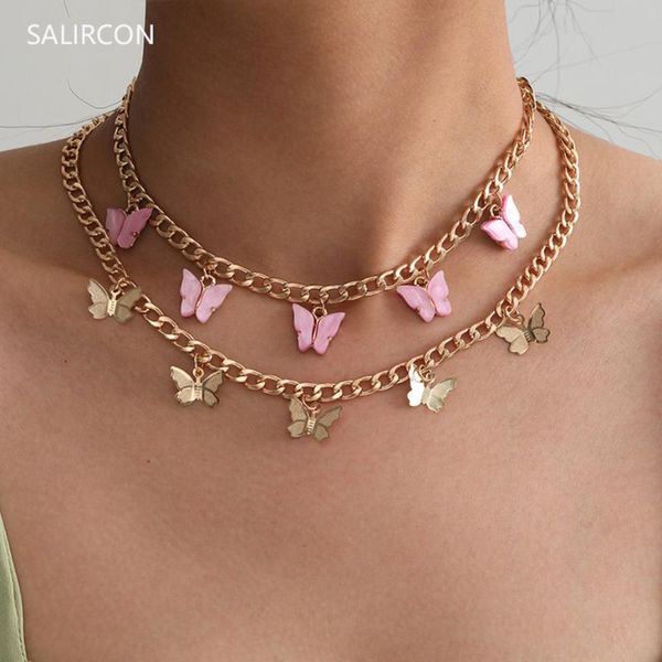 salircon punk goth butterfly pendant choker necklace 2pcs layered cuban link chain gold color necklace women trendy jewelry 2020, Silver 
salircon punk goth butterfly pendant choker necklace 2pcs layered cuban link chain gold color necklace women trendy jewelry 2020, Silver