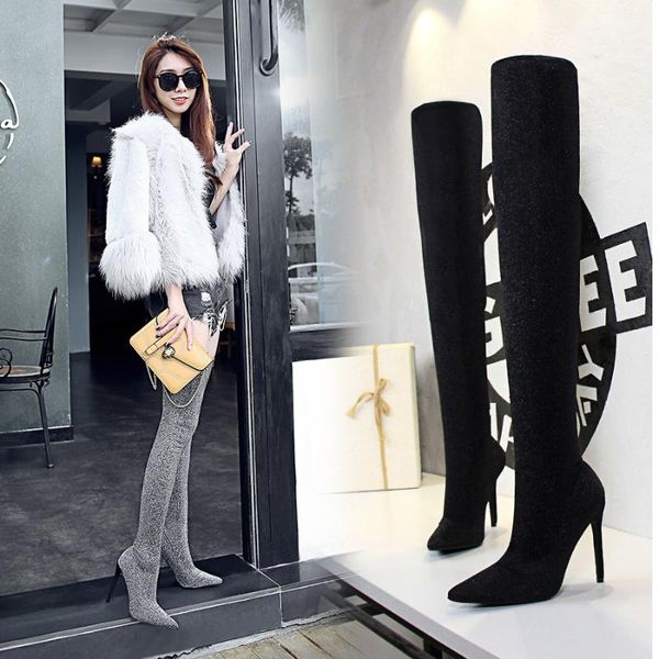 european and american style nightclub slim pedicure stiletto super high heel pointed sequined cloth long tube over the knee, Black
european and american style nightclub slim pedicure stiletto super high heel pointed sequined cloth long tube over the knee, Black