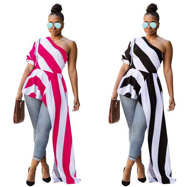 2018 latest new model short front long back blouse women new fashion summer stripe ruffle one shoulder peplum, White