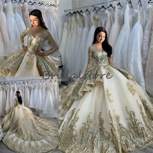 gold appliques long sleeve wedding dresses princess lace ball gown chapel train pufffy tulle church country wedding gown 2021 for bride wear, White
gold appliques long sleeve wedding dresses princess lace ball gown chapel train pufffy tulle church country wedding gown 2021 for bride wear, White