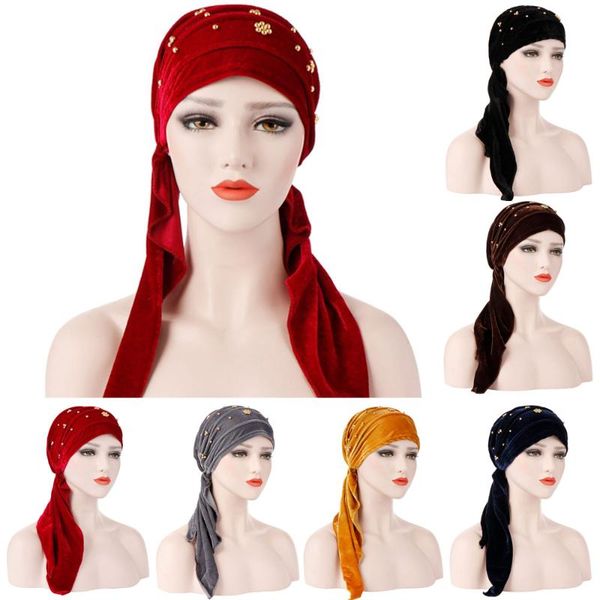 women turban hats gold beaded velvet headgear pleated tail hair head wrap caps hatqd0051, Blue;gray
women turban hats gold beaded velvet headgear pleated tail hair head wrap caps hatqd0051, Blue;gray