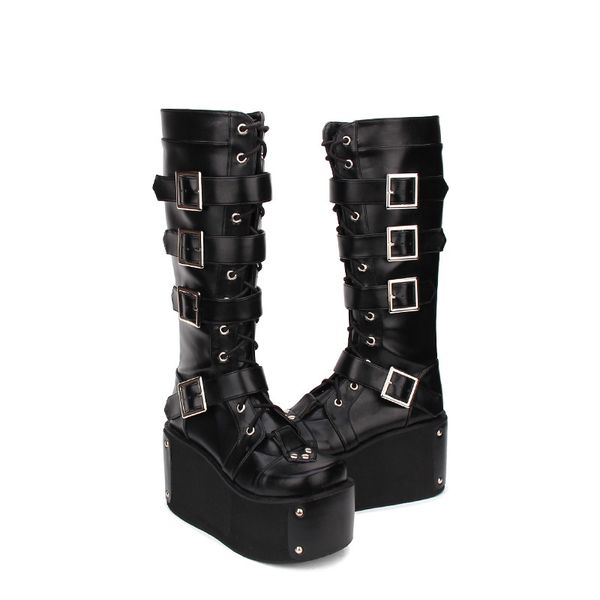 sapatos feminino black leather high heels platform knee high boots woman belt strap motorcycle studded punk wedges shoes lolita
sapatos feminino black leather high heels platform knee high boots woman belt strap motorcycle studded punk wedges shoes lolita