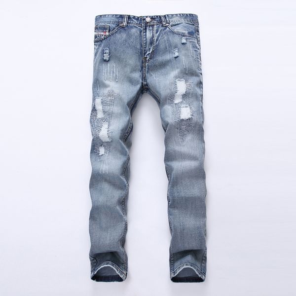 men 's cave jeans tide youth patch casual straight slim big size pants male, Blue