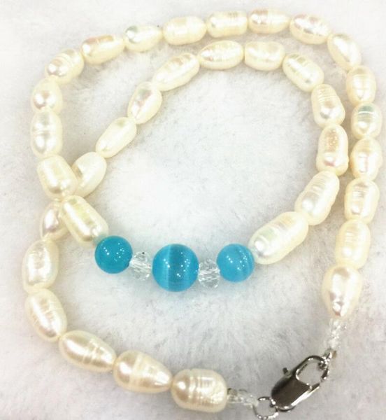 new 7-8mm akoya freshwater rice pearl & blue opal necklace 18, Silver