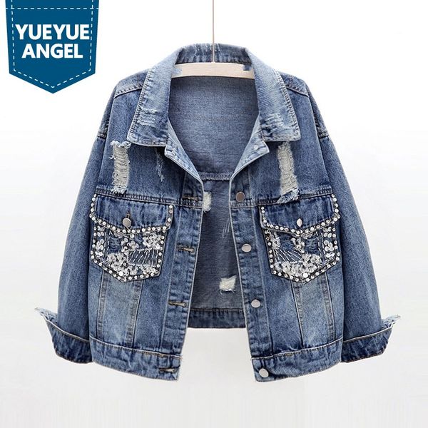 fashion diamond beading ripped hole denim coat women spring loose short outerwear street blue single breasted cowgirl jacket, Black;brown
fashion diamond beading ripped hole denim coat women spring loose short outerwear street blue single breasted cowgirl jacket, Black;brown