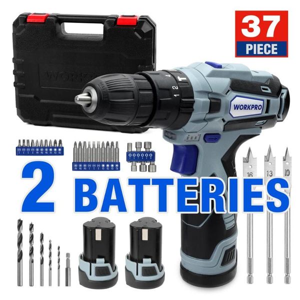 workpro 12v cordless drill driver kit combi drill with 2 li-ion batteries fast charger 18+3 torque setting 2-speed 3/8'' chuck
workpro 12v cordless drill driver kit combi drill with 2 li-ion batteries fast charger 18+3 torque setting 2-speed 3/8'' chuck