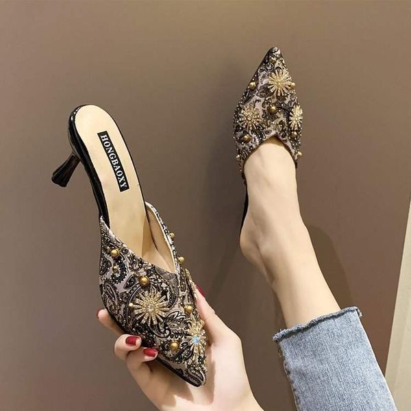 high-heeled shoes women fine to wear outside web celebrity fashion rivet pointed baotou half female sandals slippers, Black
high-heeled shoes women fine to wear outside web celebrity fashion rivet pointed baotou half female sandals slippers, Black