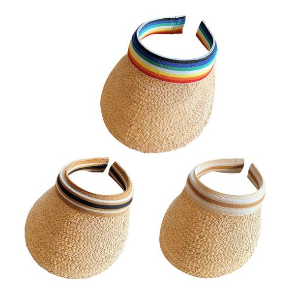 women raffia straw woven sun visor hat empty rainbow striped headband wide brim uv protection peaked beach cap, Blue;gray
women raffia straw woven sun visor hat empty rainbow striped headband wide brim uv protection peaked beach cap, Blue;gray