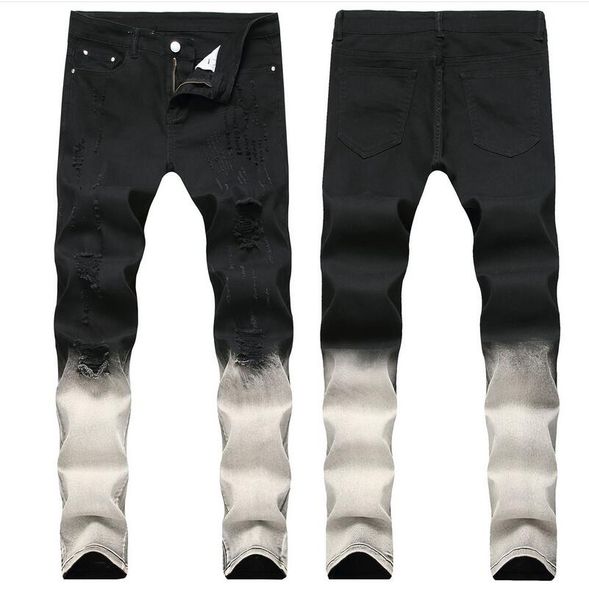 big size 2019 spring mens gradation black white jeans fashion designer ripped slim fit casual straight leg denim pants trousres qkn1866, Blue 
big size 2019 spring mens gradation black white jeans fashion designer ripped slim fit casual straight leg denim pants trousres qkn1866, Blue
