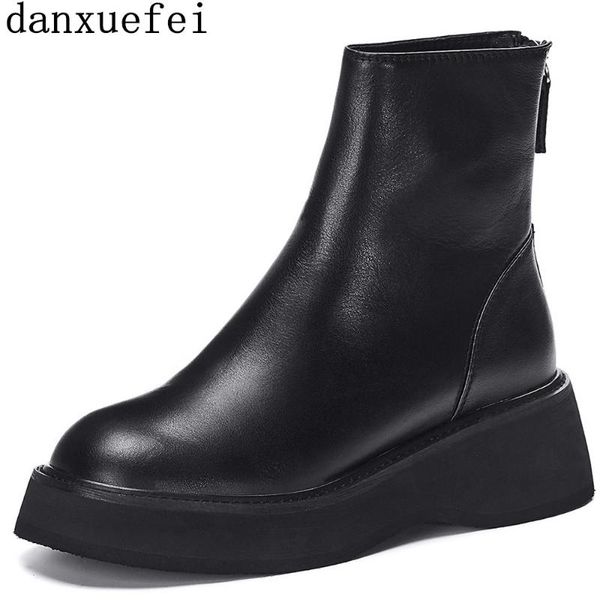 women's genuine leather thick sole platform flats ankle boots round toe back zip punk autumn short booties shoes, Black
women's genuine leather thick sole platform flats ankle boots round toe back zip punk autumn short booties shoes, Black