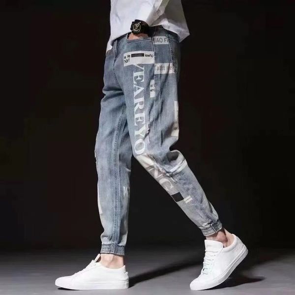 designer jeans men letter print loose student distressed jeans ankle banded male harem pants hip hop ripped biker, Blue
designer jeans men letter print loose student distressed jeans ankle banded male harem pants hip hop ripped biker, Blue