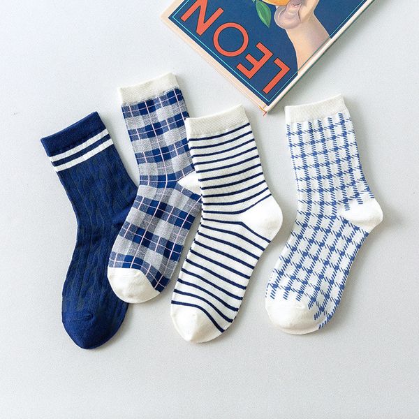 

Cute Striped Pile Socks Blue Plaid Women Socks Girl Cotton Stockings Skateboard Street Sports Socks Long Sock