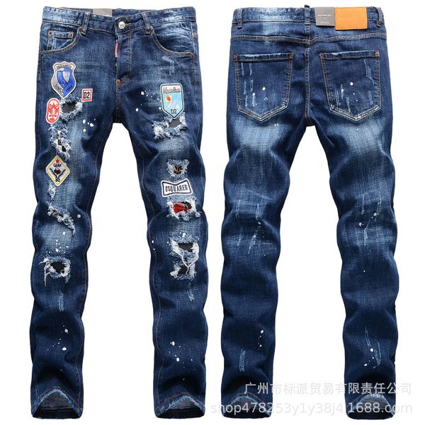 cross-border quality european and ripped badge color matching jeans slim-fit men's stretch straight male d2, Blue
cross-border quality european and ripped badge color matching jeans slim-fit men's stretch straight male d2, Blue