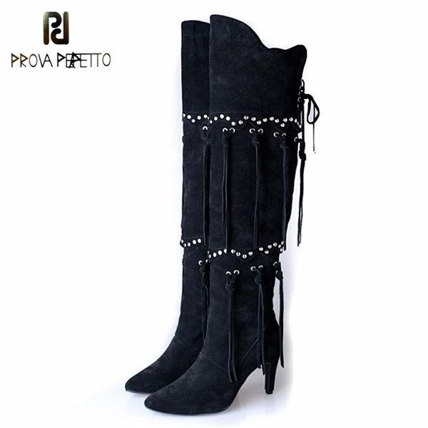 prova perfetto real cow suede thin heel over the knee boots fashion solid fringe zipper pointed toe high heels boot, Black
prova perfetto real cow suede thin heel over the knee boots fashion solid fringe zipper pointed toe high heels boot, Black