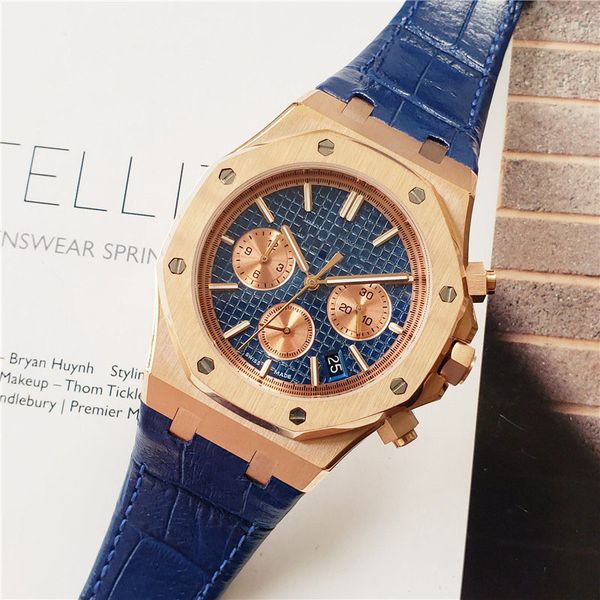 men fashion watch rose gold stainless steel designer watches japan vk quartz movement blue leather strap male sport wristwatch, Slivery;brown
men fashion watch rose gold stainless steel designer watches japan vk quartz movement blue leather strap male sport wristwatch, Slivery;brown