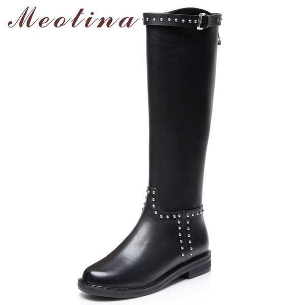 meotina winter riding boots women natural genuine leather buckle flat knee high boots rivets zipper shoes lady winter size 34-39, Black
meotina winter riding boots women natural genuine leather buckle flat knee high boots rivets zipper shoes lady winter size 34-39, Black