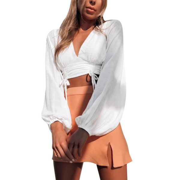 women's t-shirt women autumn v-neck casual drawstring waist lantern sleeve short top, White
women's t-shirt women autumn v-neck casual drawstring waist lantern sleeve short top, White