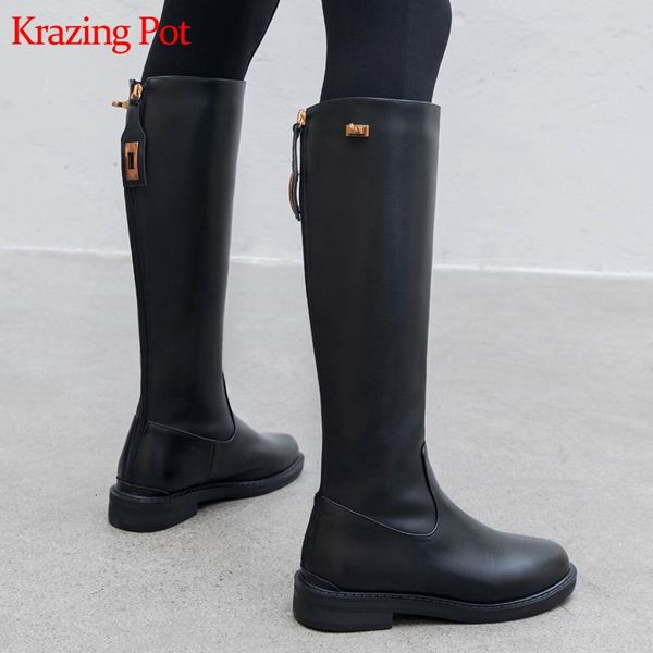krazing pot genuine leather neutral design low heel long boot metal decoration keep warm riding online star thigh high boots l18, Black