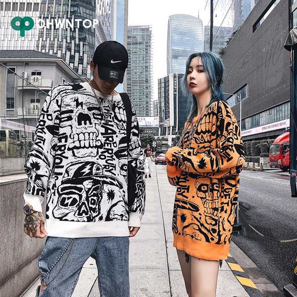 men's sweaters 2021 autumn mens skull print sweater hip hop cotton loose streetwear oversized fashion pullover casual, White;black