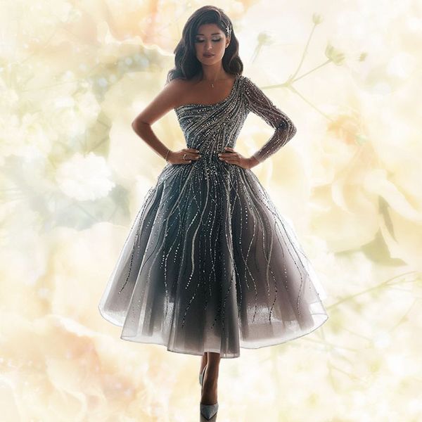 elegant party shine dress one long sleeve pleated dress full swing cocktail midi a line dress women, Black;gray 
elegant party shine dress one long sleeve pleated dress full swing cocktail midi a line dress women, Black;gray