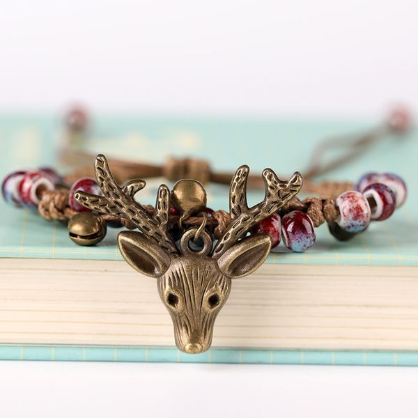 creative vintage alloy antler pendant ceramic beaded bracelet personality student accessories hand-woven ethnic style jewelry, Red;blue 
creative vintage alloy antler pendant ceramic beaded bracelet personality student accessories hand-woven ethnic style jewelry, Red;blue