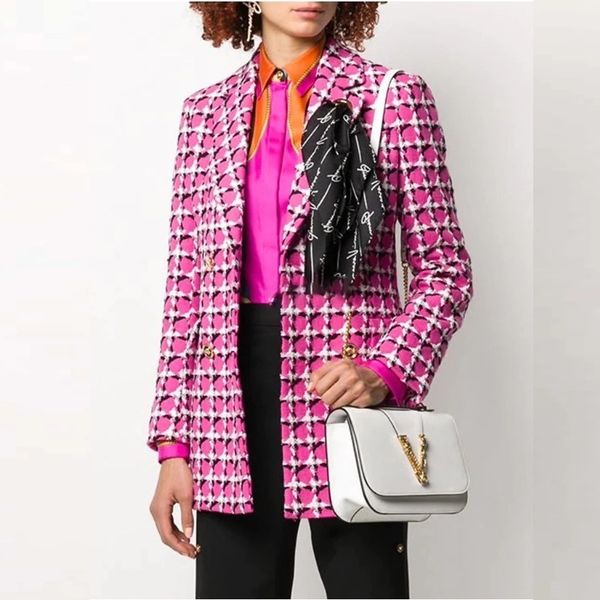 european and american high-quality autumn and winter rose red and black plaid silk ribbon blazer, White;black
european and american high-quality autumn and winter rose red and black plaid silk ribbon blazer, White;black