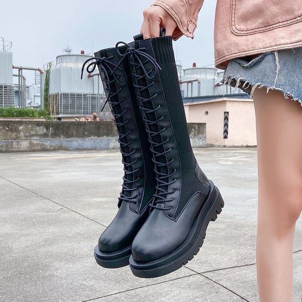 lace up platform long boots woman pu patchwork motorcycle botas mujer nice new women knit elastic cloth knee high boots, Black
lace up platform long boots woman pu patchwork motorcycle botas mujer nice new women knit elastic cloth knee high boots, Black
