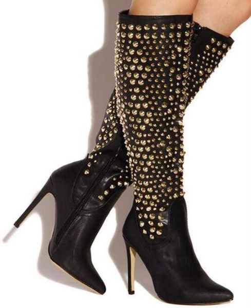 new fashion women pointed toe knee high spike design high heel boots gold rivet long leather boots dress shoes, Black
new fashion women pointed toe knee high spike design high heel boots gold rivet long leather boots dress shoes, Black