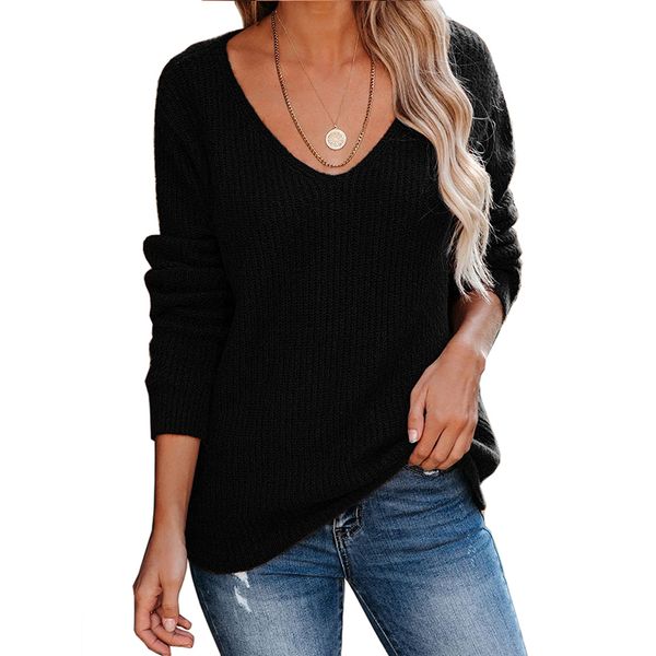 long sleeve v-neck sweaters for women fall winter loose knitted pullovers female solid thin fashion oversized sweater, White;black
long sleeve v-neck sweaters for women fall winter loose knitted pullovers female solid thin fashion oversized sweater, White;black