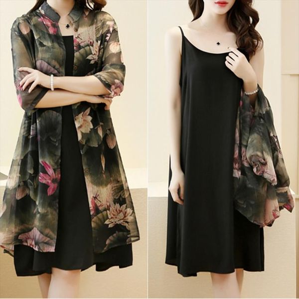 2019 fashion women clothing sets women sling dress print chiffon covers up suits womens shirt cardigan suits, Gray 
2019 fashion women clothing sets women sling dress print chiffon covers up suits womens shirt cardigan suits, Gray