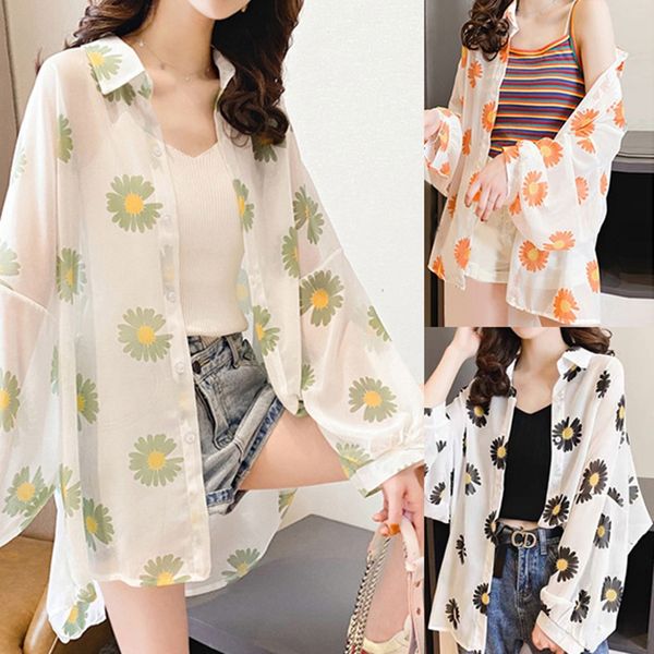 women's blouses & shirts daisy printed sunsn blouse shirt casual loose cardigan transparent thin top, White
women's blouses & shirts daisy printed sunsn blouse shirt casual loose cardigan transparent thin top, White