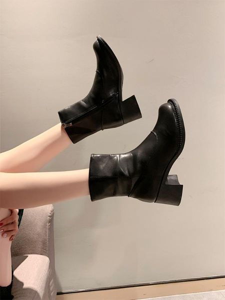 zipper white mid-calf boots booties ladies shoes low heels booties boots-women round toe short rubber 2020 high heel, Black