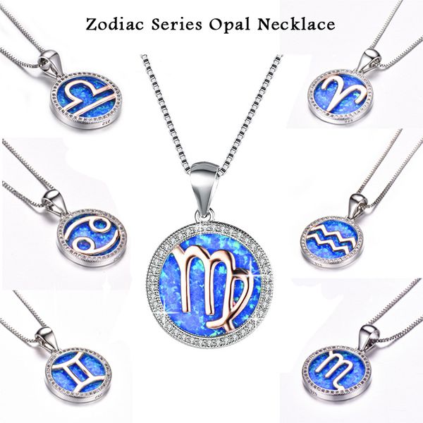 12 constellation lucky pendant necklace 925 sterling silver blue fire opal necklace glamour women's wedding party diamond jewelry gift