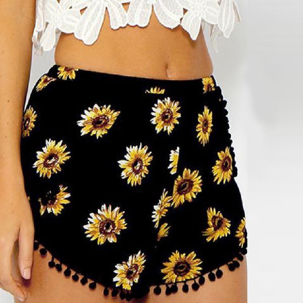brand designer casual shorts women black beach pom pom ball tassel sunflower print short feminino elastic high waist shorts, White;black
brand designer casual shorts women black beach pom pom ball tassel sunflower print short feminino elastic high waist shorts, White;black