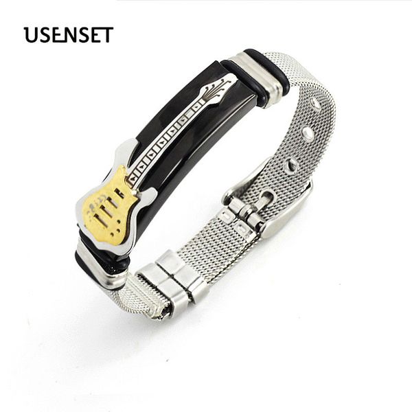 usenset guitar mesh bracelet strap stainless steel bangle punk jewelry for men goldcolor bangle, Black
usenset guitar mesh bracelet strap stainless steel bangle punk jewelry for men goldcolor bangle, Black