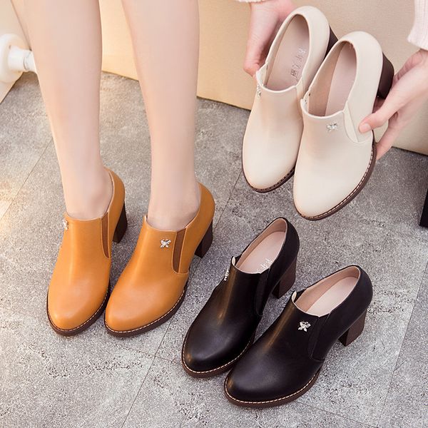 dress shoes 2021 spring high-heeled women's thick with elastic band single wild british wind round head deep mouth, Black
dress shoes 2021 spring high-heeled women's thick with elastic band single wild british wind round head deep mouth, Black