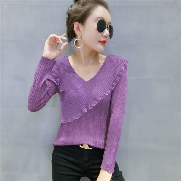 spring autumn 2020 woman sweater pullovers long sleeve v-neck thin knitted slim basic pullover spliced ruffles, White;black
spring autumn 2020 woman sweater pullovers long sleeve v-neck thin knitted slim basic pullover spliced ruffles, White;black