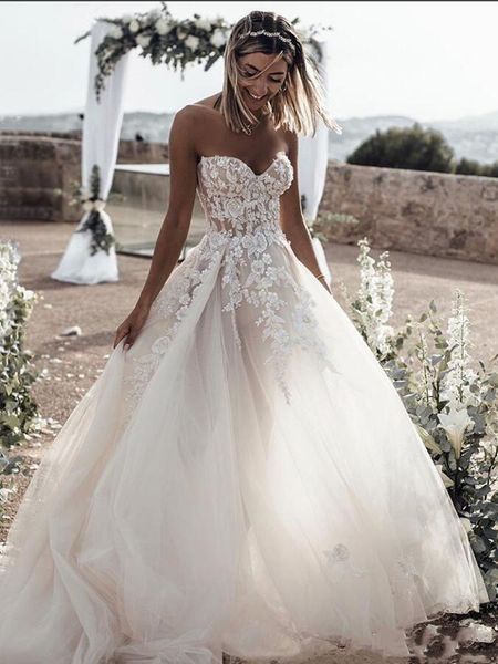 

2021 New Flower Appliques Lace Boho Wedding Dresses Sweetheart Neckline Bohemian Bridal Gowns Vestido De Noiva Tulle Tutu Skirt A Line, Ivory