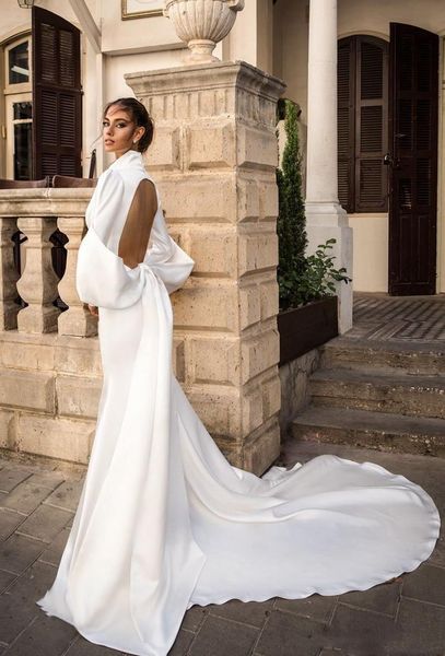 satin wedding dresses deep v neck long sleeve garden sweep train plus size wedding dress bridal gowns vestido de noiva, White