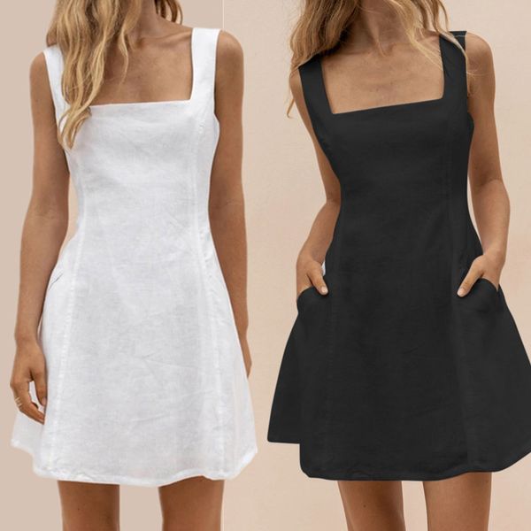women white mini dress summer belt pockets decor square neck sleeveless backless high waist slim solid a-line dresses vestidos, Black;gray
women white mini dress summer belt pockets decor square neck sleeveless backless high waist slim solid a-line dresses vestidos, Black;gray