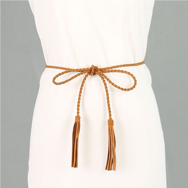 decorated waist belt women waist chain thin braided belt tassel waistband lady rope belts dress accessories high quality, Black;brown