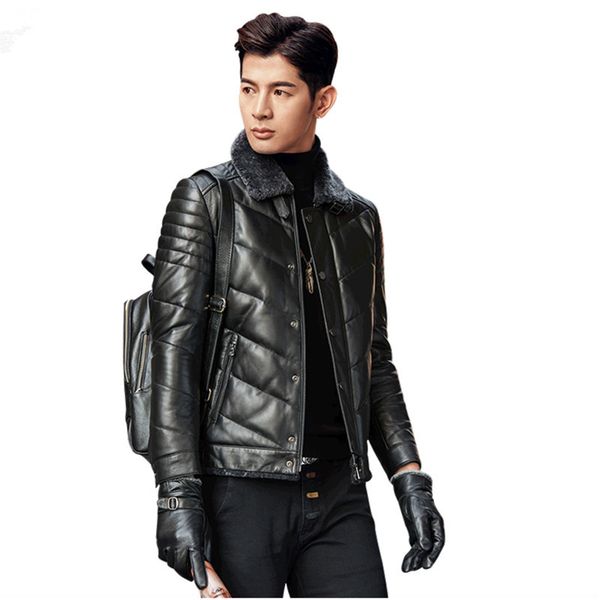 short genuine leather jacket men sheepskin coat wool collar autumn winter down jacket chaqueta cuero hombre h01 kj1514, Black 
short genuine leather jacket men sheepskin coat wool collar autumn winter down jacket chaqueta cuero hombre h01 kj1514, Black