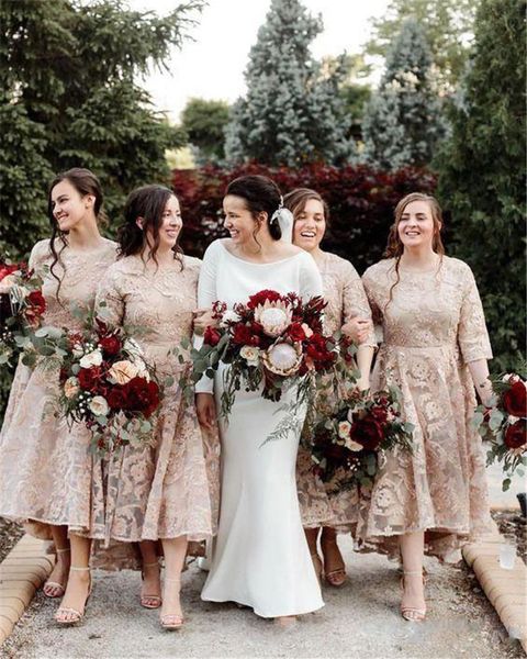 2020 ankle length champagne lace bridesmaid dresses short sleeves plus size custom made maid of honor wedding guest gowns for garden, White;pink
2020 ankle length champagne lace bridesmaid dresses short sleeves plus size custom made maid of honor wedding guest gowns for garden, White;pink