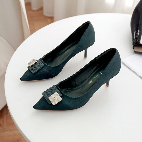 pointed toe women's high heels pumps thin-heel dark green, Black