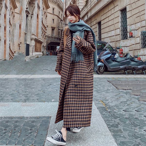 women's wool & blends korean long retro plaid woolen coat female 2021 autumn winter jackets loose for women overcoats n1152, Black
women's wool & blends korean long retro plaid woolen coat female 2021 autumn winter jackets loose for women overcoats n1152, Black