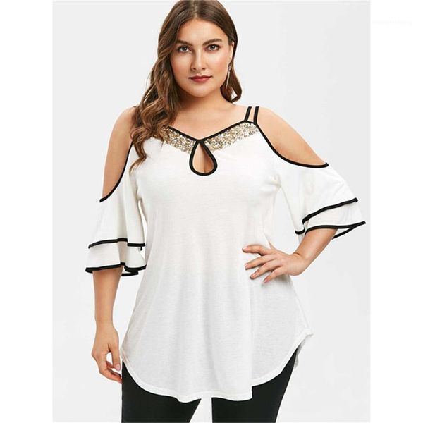 tops плюс размер женщины блестки tshirts мода рюшами рукава с плеча ремень тройники сыпучие лета женщин, White
tops плюс размер женщины блестки tshirts мода рюшами рукава с плеча ремень тройники сыпучие лета женщин, White