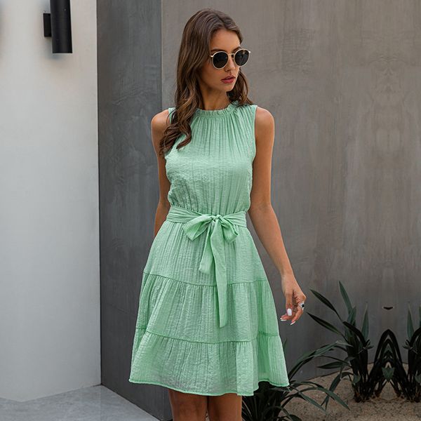 summer casual sleeveless dress women lace up sweet o-neck solid high waist short solid dress 2020 new, Black;gray
summer casual sleeveless dress women lace up sweet o-neck solid high waist short solid dress 2020 new, Black;gray