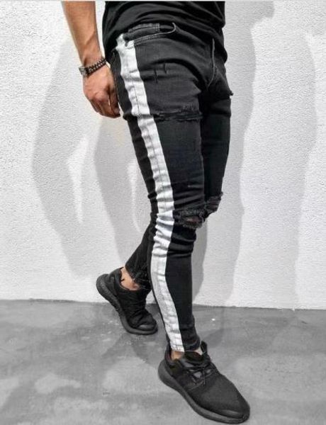 fit ripped jeans fashion high street style pants casual knee holes white striped black jeans men designer slim, Blue
fit ripped jeans fashion high street style pants casual knee holes white striped black jeans men designer slim, Blue